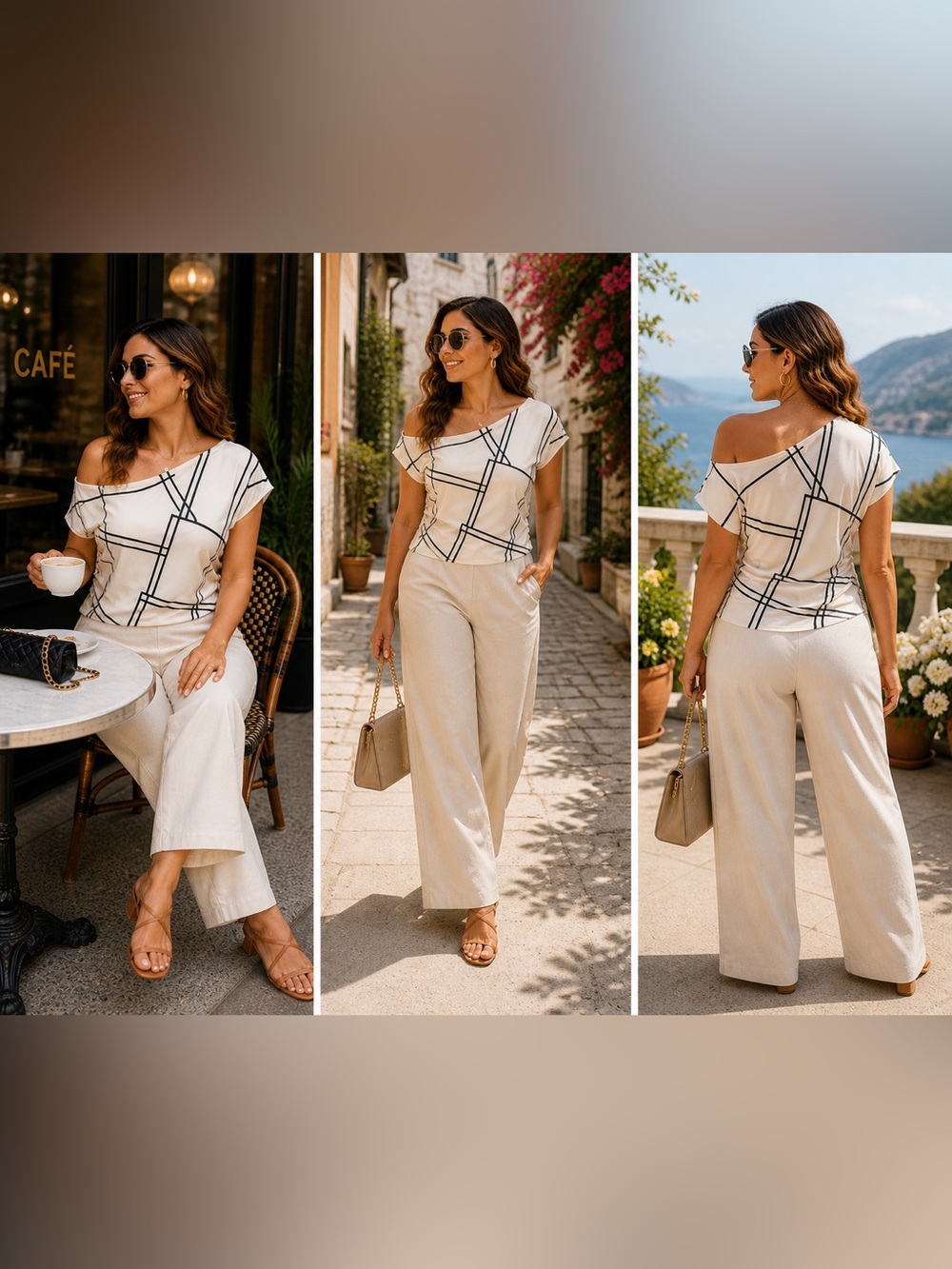 SHEIN Black & White Geometric Cap-Sleeve Top